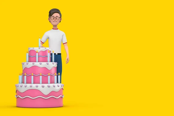 Cartoon Character Person Man with Birthday Cartoon Dessert Tiered Cake and Candles on a yellow background. 3d Rendering