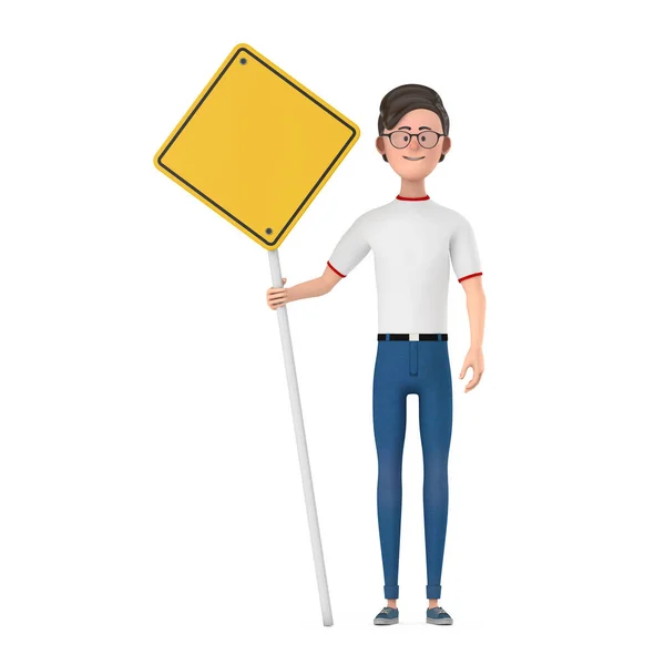 Desenhos Animados Personagem Pessoa Homem Amarelo Estrada Assine Com Espaço — Fotografia de Stock