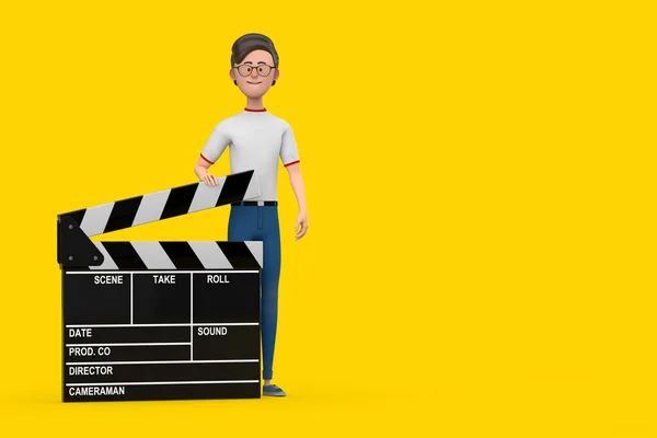 Cartoon Character Person Man with Movie Clapper Board on a yellow background. 3d Rendering