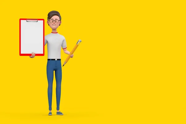 Cartoon Character Person Man with Red Plastic Clipboard, Paper and Pencil on a yellow background. 3d Rendering