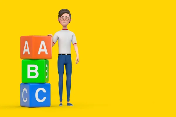 Cartoon Character Person Man with Alphabet ABC Education Cubes on a yellow background. 3d Rendering