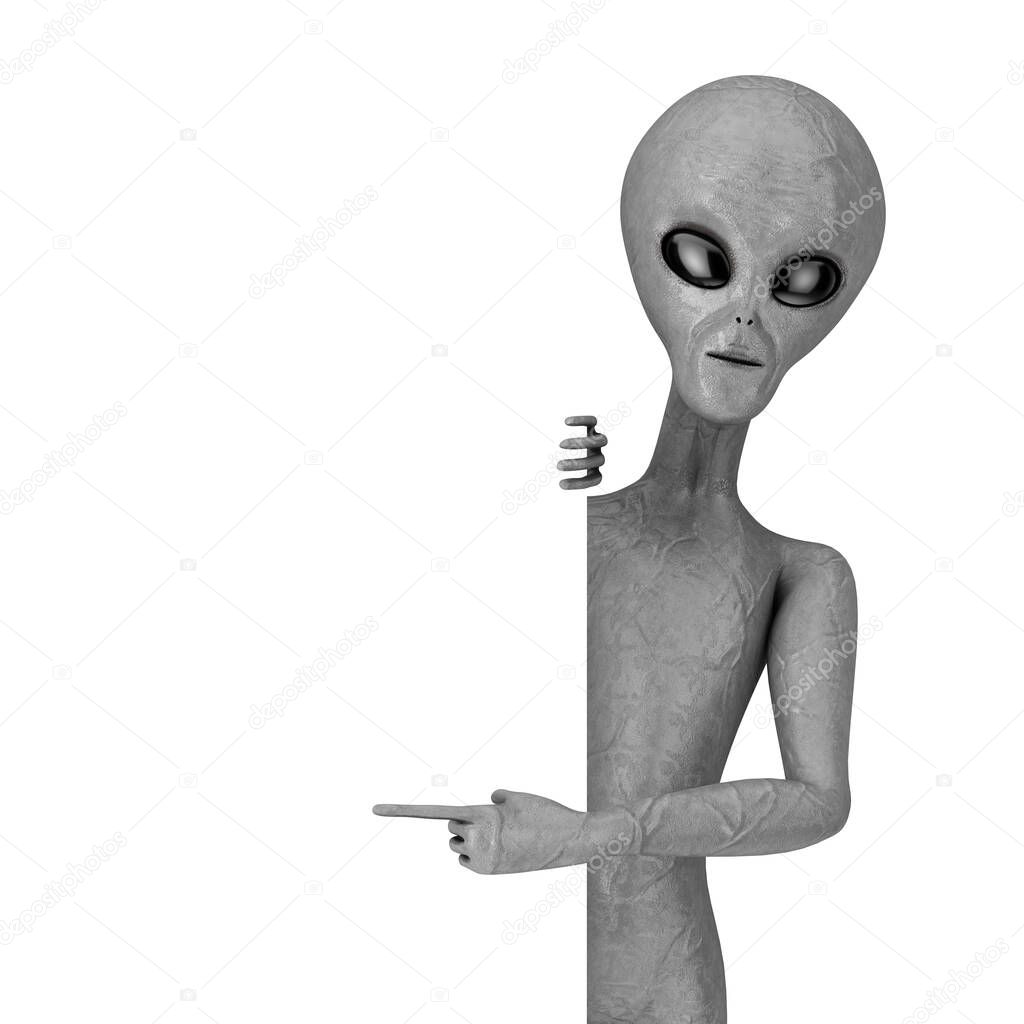 Scary Gray Humanoid Alien with Blank Presentation or Information Board on a white background. 3d Rendering