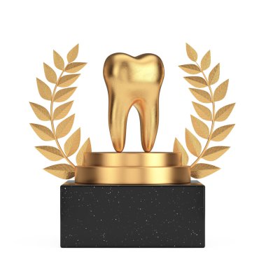 Winner Award Cube Gold Laurel Wreath Podium, Stage or Pedestal with Golden Tooth on a white background. 3d Rendering