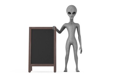 Ürkütücü Gri İnsansı Uzaylı Karakter Karakteri Maskotu. Beyaz arka planda Tahta Menü Tahta Tahtalar Açık Hava Gösterimi var. 3d Hazırlama