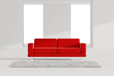 White Abstract Interior with Red Sofa and Hair Carpet extreme closeup. 3d Rendering 