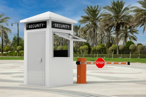 Road Car Barrier and Security Zone Booth with Security Sign in Empty City Street with Palm Trees extreme closeup. 3d Rendering