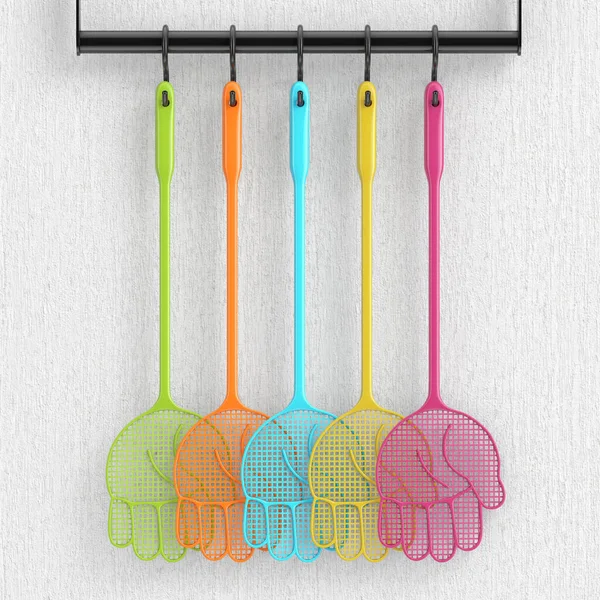 Set Multicolor Flyswatters Shape Hand Hanging Wall Extreme Closeup Rendering — Fotografia de Stock