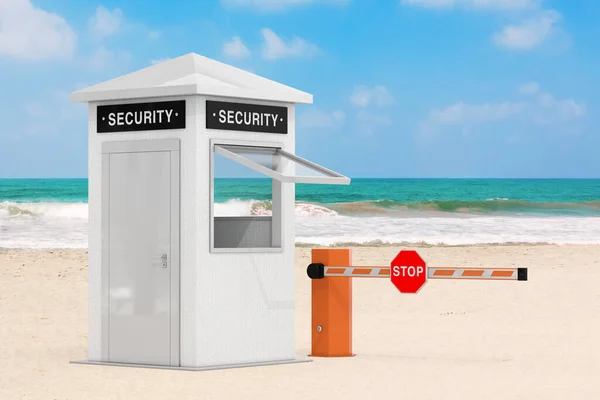 Road Car Barrier and Security Zone Booth with Security Sign on an Ocean or Sea Sand Beach white background. 3d Rendering