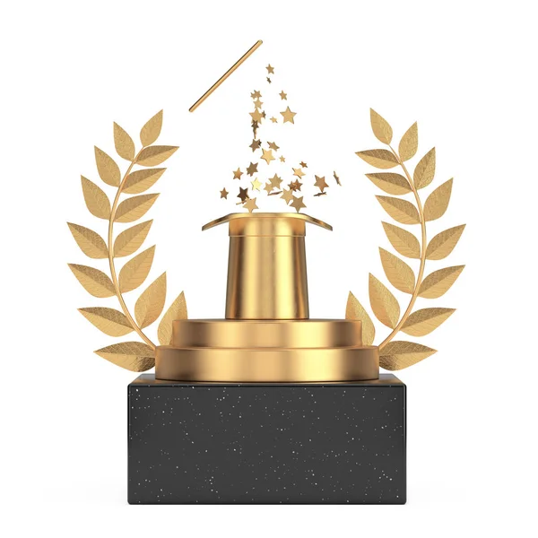 Winner Award Cube Gold Laurel Wreath Podium Stage Pedestal Golden —  Fotos de Stock