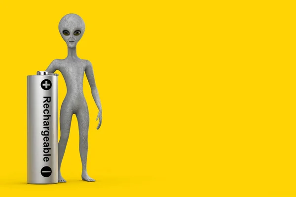 Scary Gray Humanoid Alien Cartoon Charakter Osoba Maskot Dobíjecí Baterie — Stock fotografie