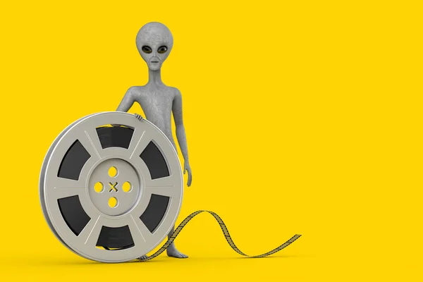 Scary Gray Humanoid Alien Cartoon Character Person Mascot Film Reel — Foto Stock