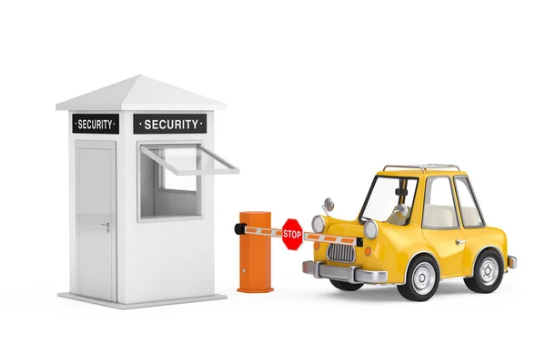 Yellow Cartoon Car Front Closed Road Car Barrier Security Zone — Stockfoto