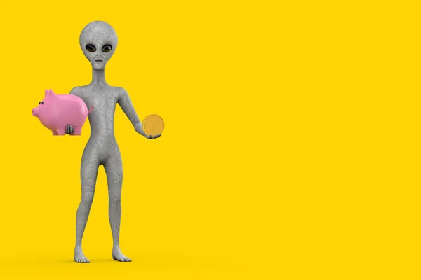 Scary Gray Humanoid Alien Cartoon Character Person Maskottchen Mit Sparschwein — Stockfoto