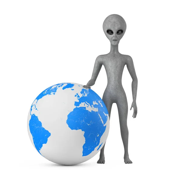 Scary Gray Humanoid Alien Cartoon Character Person Mascot Earth Globe — Photo