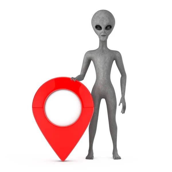 Straszny Szary Humanoid Obcy Postać Kreskówek Maskotka Czerwoną Mapą Pointer — Zdjęcie stockowe