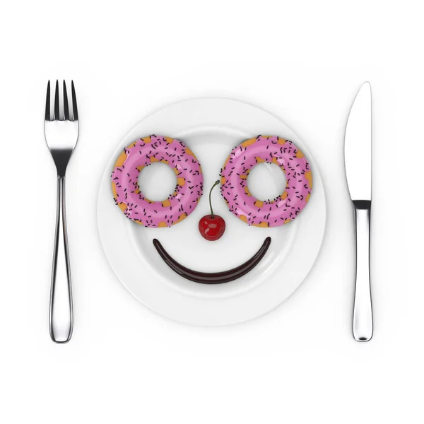 Fork Knife Plate Two Big Pink Chocolate Glazed Donut Chocolate — Foto Stock