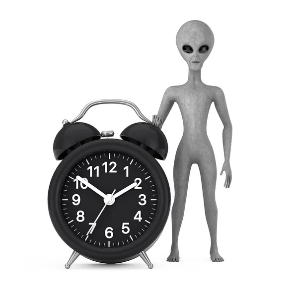 Scary Gray Humanoid Alien Cartoon Character Person Mascot Alarm Clock — Stock Photo, Image