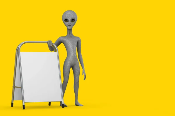 Scary Gray Humanoid Alien Cartoon Character Person Mascot  with White Blank Advertising Promotion Stand on a yellow background. 3d Rendering