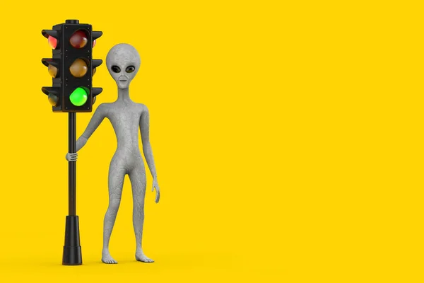 Scary Gray Humanoid Alien Cartoon Character Person Mascot Traffic Green — Fotografia de Stock