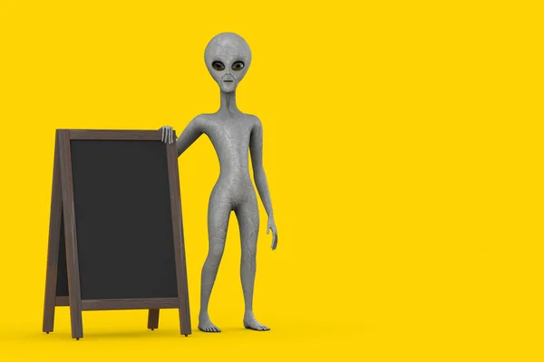 Scary Gray Humanoid Alien Cartoon Character Person Mascot with Blank Wooden Menu Blackboards Outdoor Display on a yellow background. 3d Rendering
