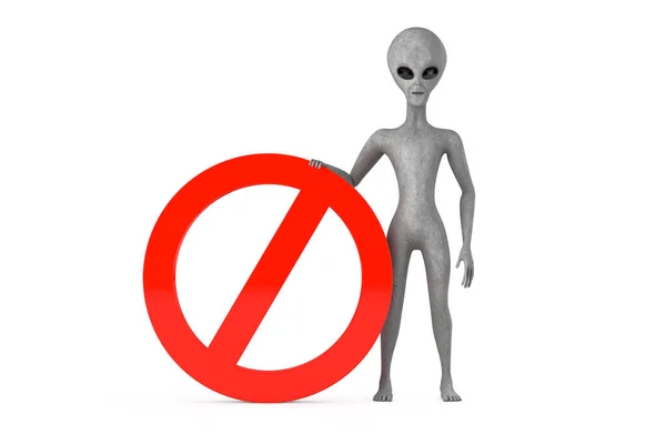 Scary Gray Humanoid Alien Cartoon Character Person Mascot Red Prohibition — стоковое фото
