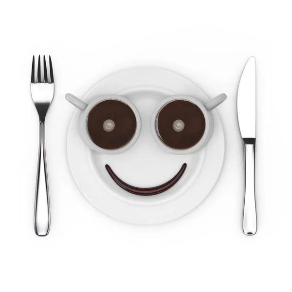 Fork Knife Plate Two Cups Coffee Chocolate Smile Shape Cartoon — стоковое фото