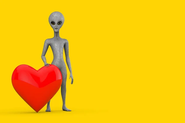 Scary Gray Humanoid Alien Cartoon Character Person Mascot Red Heart — Foto Stock