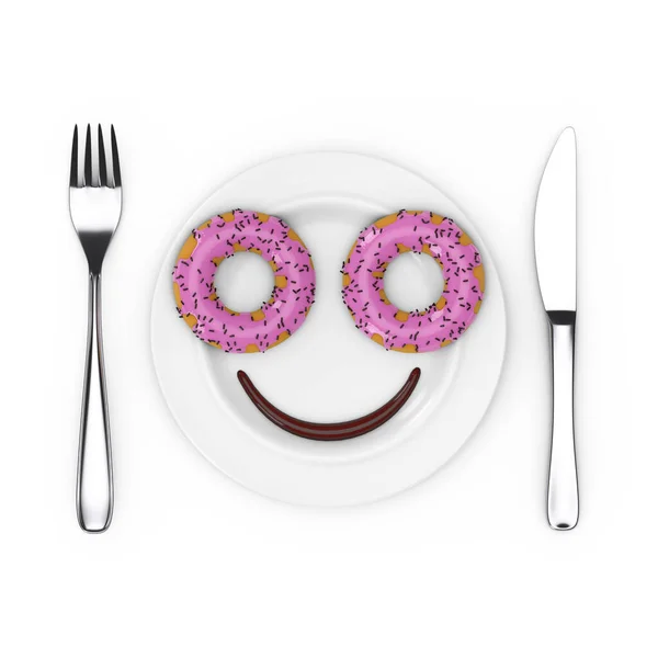 Fork Knife Plate Two Big Pink Chocolate Glazed Donut Chocolate — Foto Stock