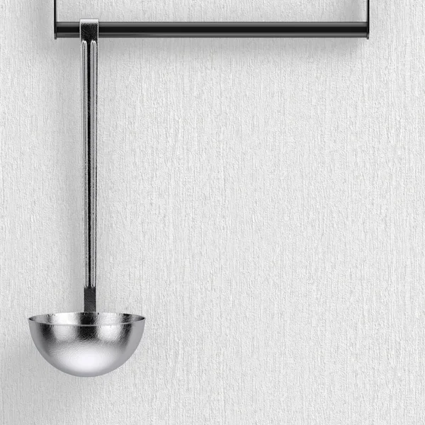 Chrome Kitchen Soup Ladle Hanging Wall Extreme Closeup Rendering — Photo