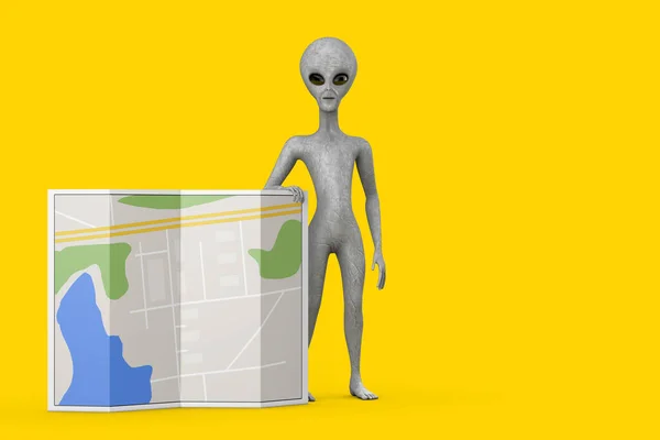Scary Gray Humanoid Alien Cartoon Character Person Mascot Abstract City — Stock Photo, Image