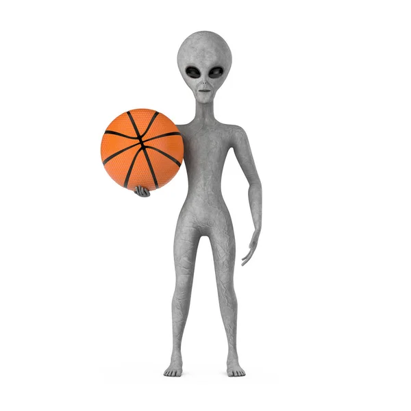 Scary Gray Humanoid Alien Cartoon Character Person Mascot Basketball Ball — Stockfoto