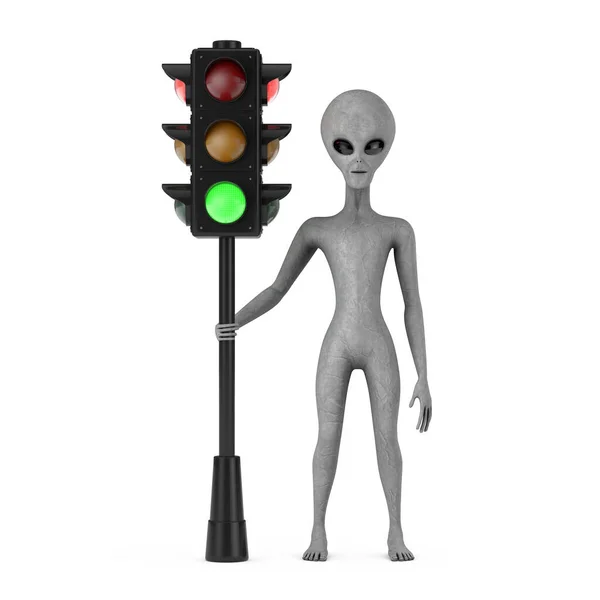 Scary Gray Humanoid Alien Cartoon Character Person Mascot Traffic Green — Fotografia de Stock