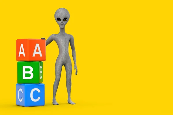 Scary Gray Humanoid Alien Cartoon Character Person Maskottchen Mit Alphabet — Stockfoto