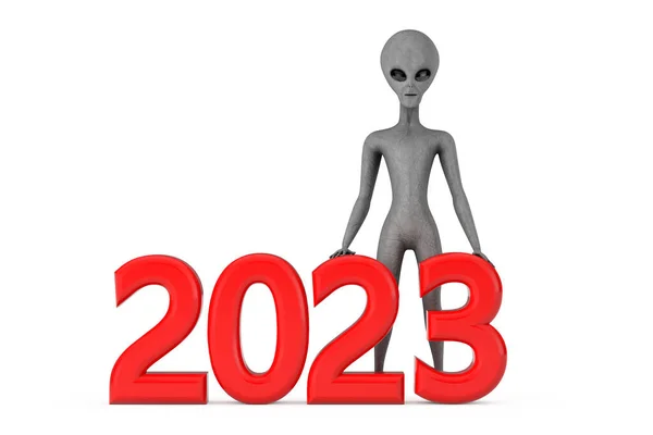 Scary Gray Humanoid Alien Cartoon Character Person Mascot with Red 2023 New Year Sign on a white background. 3d Rendering