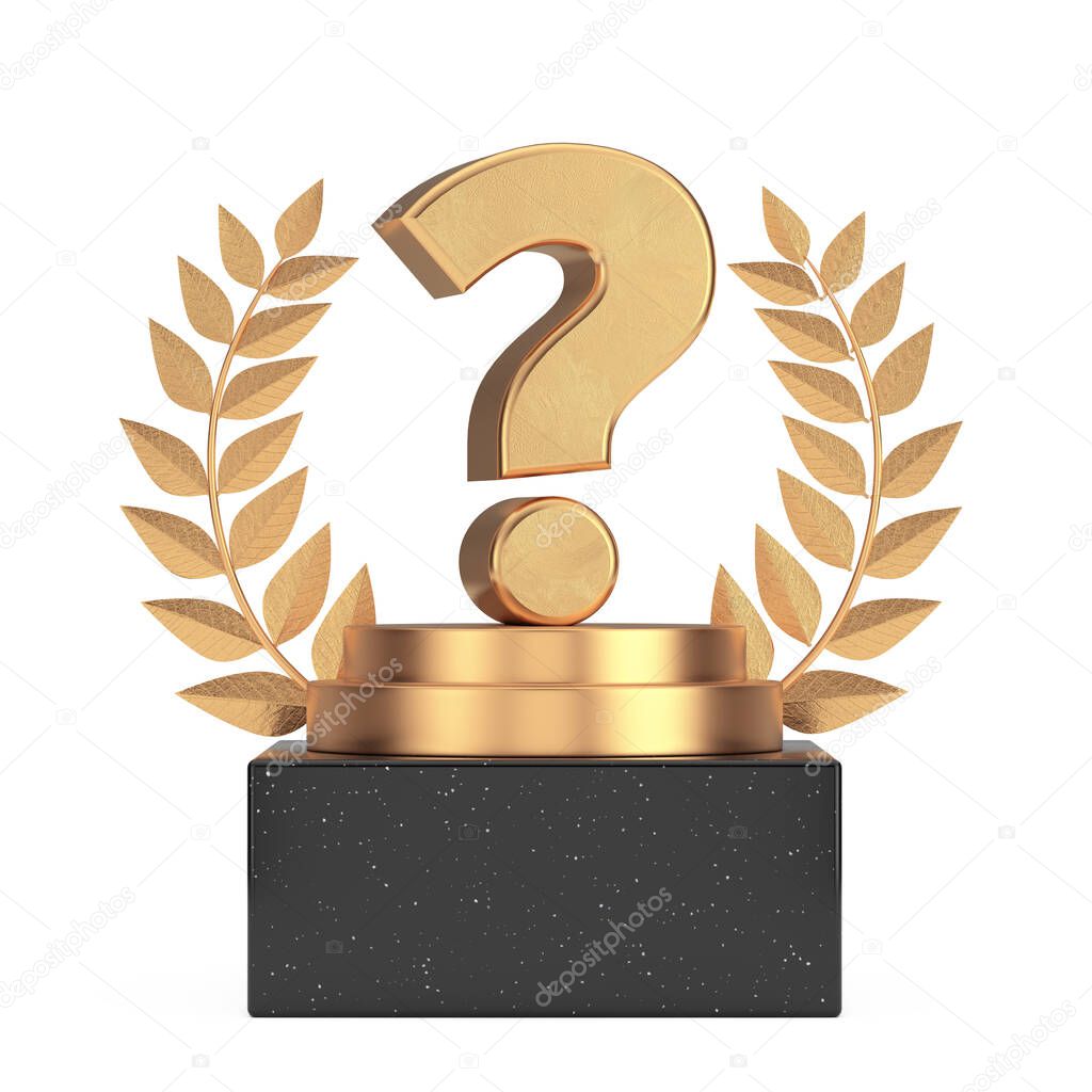 Winner Award Cube Gold Laurel Wreath Podium, Stage or Pedestal with Golden Question Mark on a white background. 3d Rendering