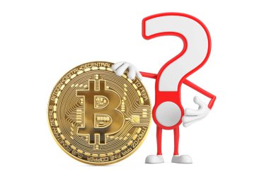 Question Mark Sign Cartoon Character Person Mascot with Digital and Cryptocurrency Golden Bitcoin Coin on a white background. 3d Rendering