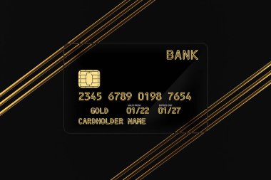 Black Transparent Plastic Golden Credit Card with Chip and Abstract Golden Line son a black background. 3d Rendering