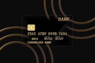 Black Transparent Plastic Golden Credit Card with Chip and Abstract Golden Line son a black background. 3d Rendering