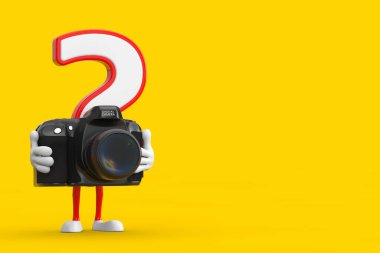 Question Mark Sign Cartoon Character Person Mascot with Modern Digital Photo Camera on a yellow background. 3d Rendering