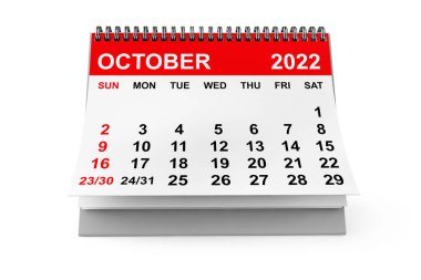 2022 Year October Calendar on a white background. 3d rendering