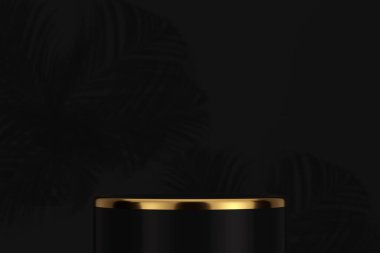  Abstract Black Product Display Podium with Golden Top on a black background. 3d Rendering