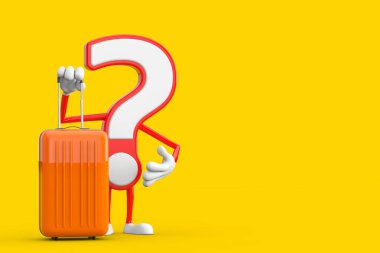 Question Mark Sign Cartoon Character Person Mascot with Orange Travel Suitcase on a yellow background. 3d Rendering