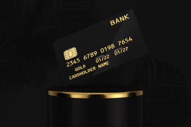 Black Plastic Golden Credit Card with Chip over Golden Pedestal on a black background. 3d Rendering
