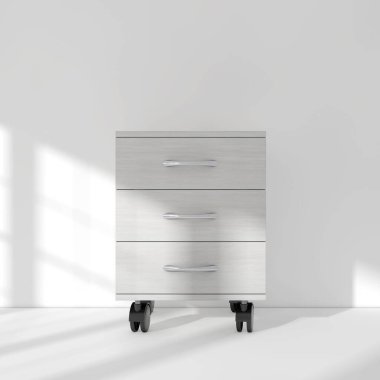 White Modern Room Bedside Table with Wheels in front of white wall. 3d Rendering