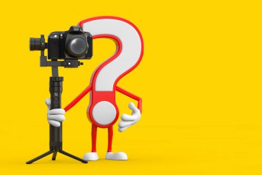 Question Mark Sign Cartoon Character Person Mascot with DSLR or Video Camera Gimbal Stabilization Tripod System on a yellow background. 3d Rendering