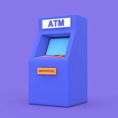 Business Technology Concept. Blue Cartoon Style ATM Deposit Machine on a purple background. 3d Rendering