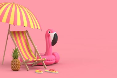Beach Vacation Concept. Cartoon Beach Chair, Swimming Pool Inflantable Rubber Pink Flamingo Toy, Beach Umbrella, Beach Flip Flops Sandals and Fresh Ripe Tropical Healthy Nutrition Pineapple Fruit a pink background. 3d Rendering