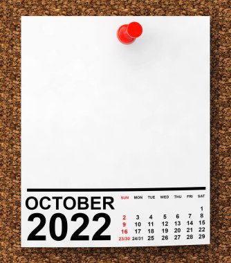 Calendar October 2022 on Blank Note Paper with Free Space for Your Text. 3d Rendering