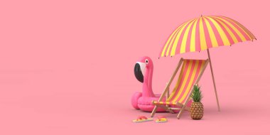 Beach Vacation Concept. Cartoon Beach Chair, Swimming Pool Inflantable Rubber Pink Flamingo Toy, Beach Umbrella, Beach Flip Flops Sandals and Fresh Ripe Tropical Healthy Nutrition Pineapple Fruit a pink background. 3d Rendering
