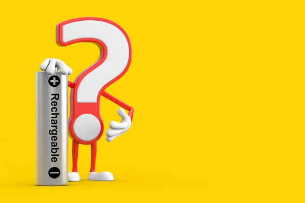Question Mark Sign Cartoon Character Person Mascot with Rechargeable Battery on a yellow background. 3d Rendering